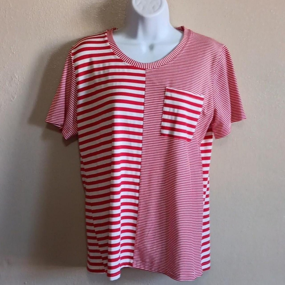 Candy Cane Red & White Stripe, Chest Pocket Tee, Soft Stretchy Cozy, Small